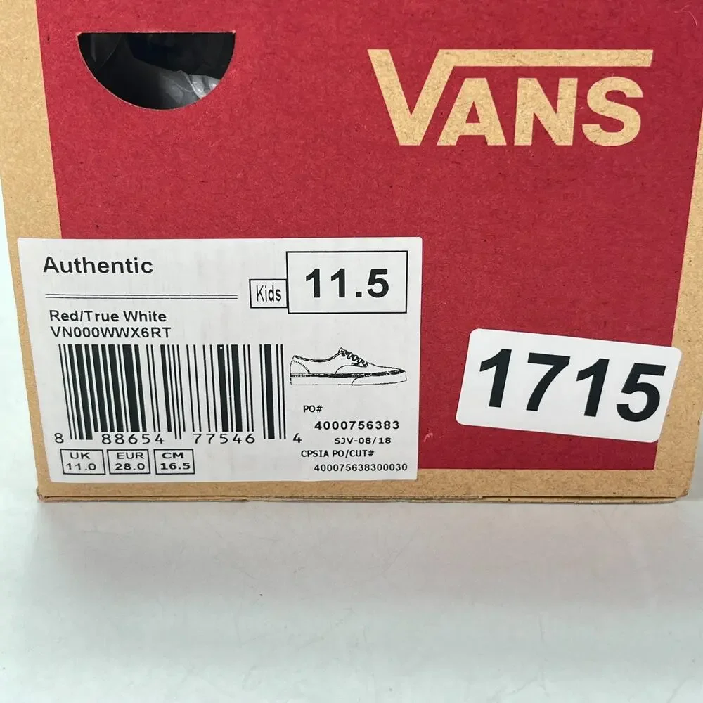 Vans Authentic Red True White Canvas Sneakers Low Top Casual Shoes Kids Sz 11.5